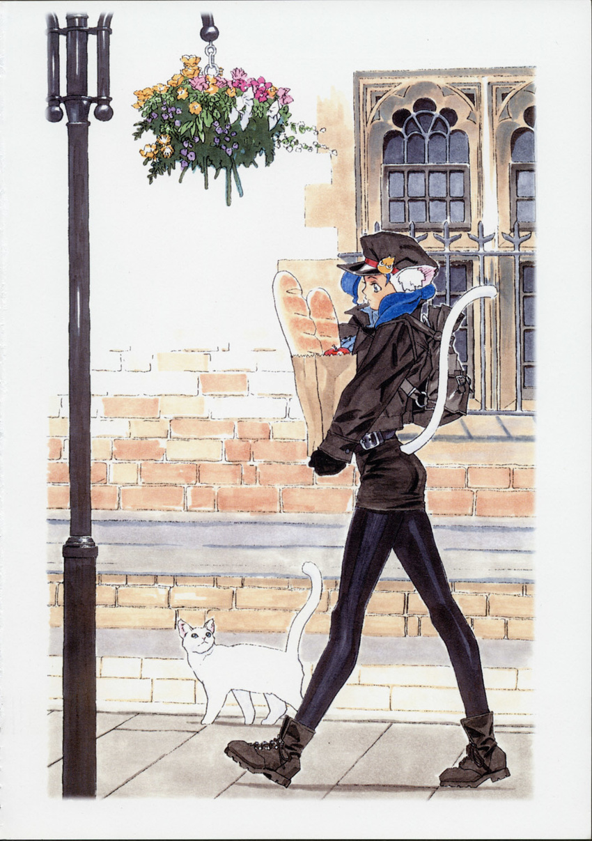 alternate_costume animal_ears ankle_boots backpack bag baguette black_legwear blue_hair boots bread brown_footwear casual cat cat_ears cat_tail fashion felicia flower food from_side hat highres jacket lamppost legs marker_(medium) ouma_bunshichirou pantyhose scan shopping_bag solo tail traditional_media vampire_(game) walking wall window