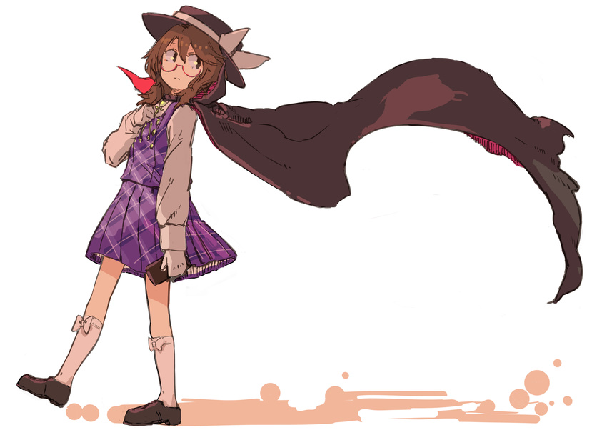 absurdres brown_eyes brown_hair cape full_body glasses gloves hat hat_ribbon highres kneehighs long_sleeves looking_to_the_side low_twintails pisoshi red-framed_eyewear ribbon shirt shoes short_hair skirt skirt_set solo source_request touhou twintails usami_sumireko vest white_background white_gloves white_legwear