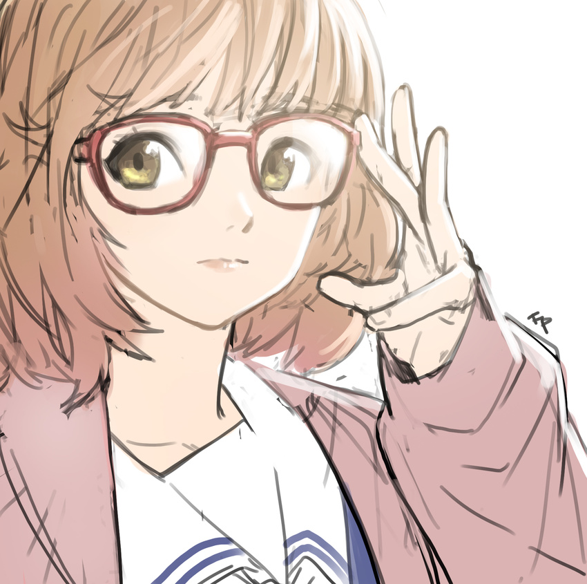 adjusting_eyewear bob_cut brown_hair fpanda glasses green_eyes highres kuriyama_mirai kyoukai_no_kanata layered_clothing solo upper_body white_background