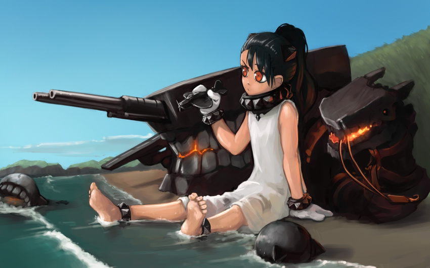 anklet barefoot character_request check_artist cosplay dress feet jewelry kantai_collection northern_ocean_hime northern_ocean_hime_(cosplay) original paintrfiend sitting soaking_feet soles solo source_request teeth toe_scrunch water