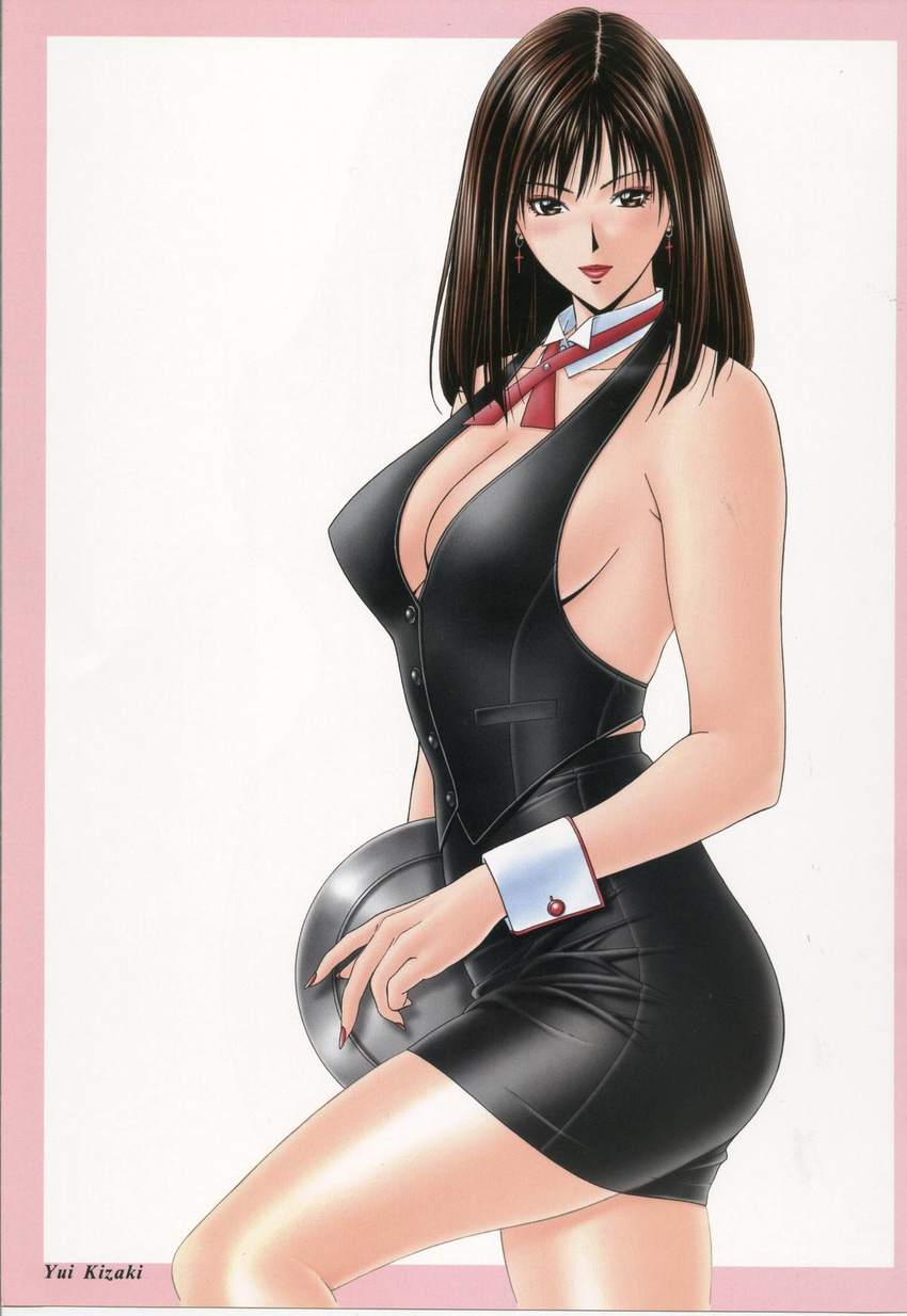 bangs bare_shoulders bartender breasts brown_eyes brown_hair cleavage collarbone cross cross_earrings detached_collar earrings fingernails g-taste highres jewelry kizaki_yui large_breasts lipstick long_fingernails looking_at_viewer makeup nail_polish pantyhose pencil_skirt sheer_legwear skirt solo vest wrist_cuffs yagami_hiroki