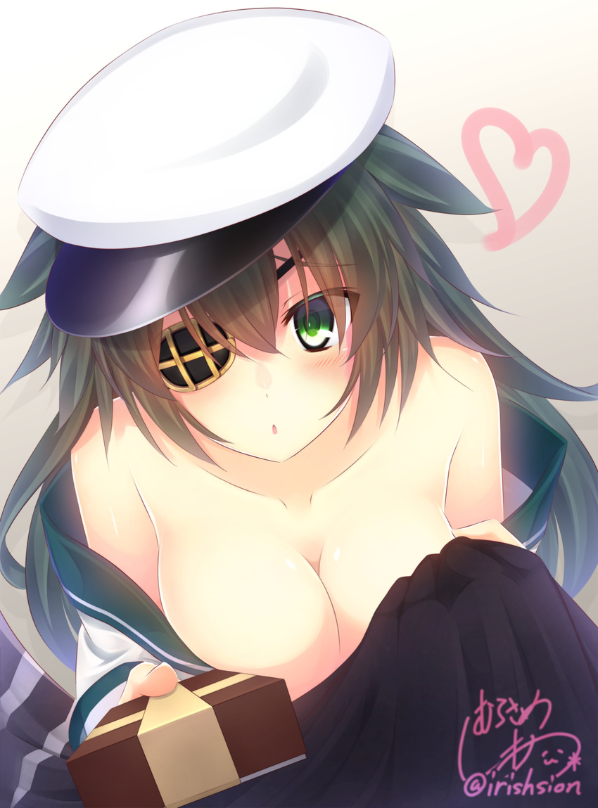 absurdres blush box breasts cleavage collarbone eyepatch gift gift_box gradient gradient_background hair_between_eyes hat highres holding holding_gift kantai_collection kiso_(kantai_collection) large_breasts long_hair looking_at_viewer loose_clothes loose_shirt murasame_shia no_bra off_shoulder shadow shirt signature solo upper_body valentine
