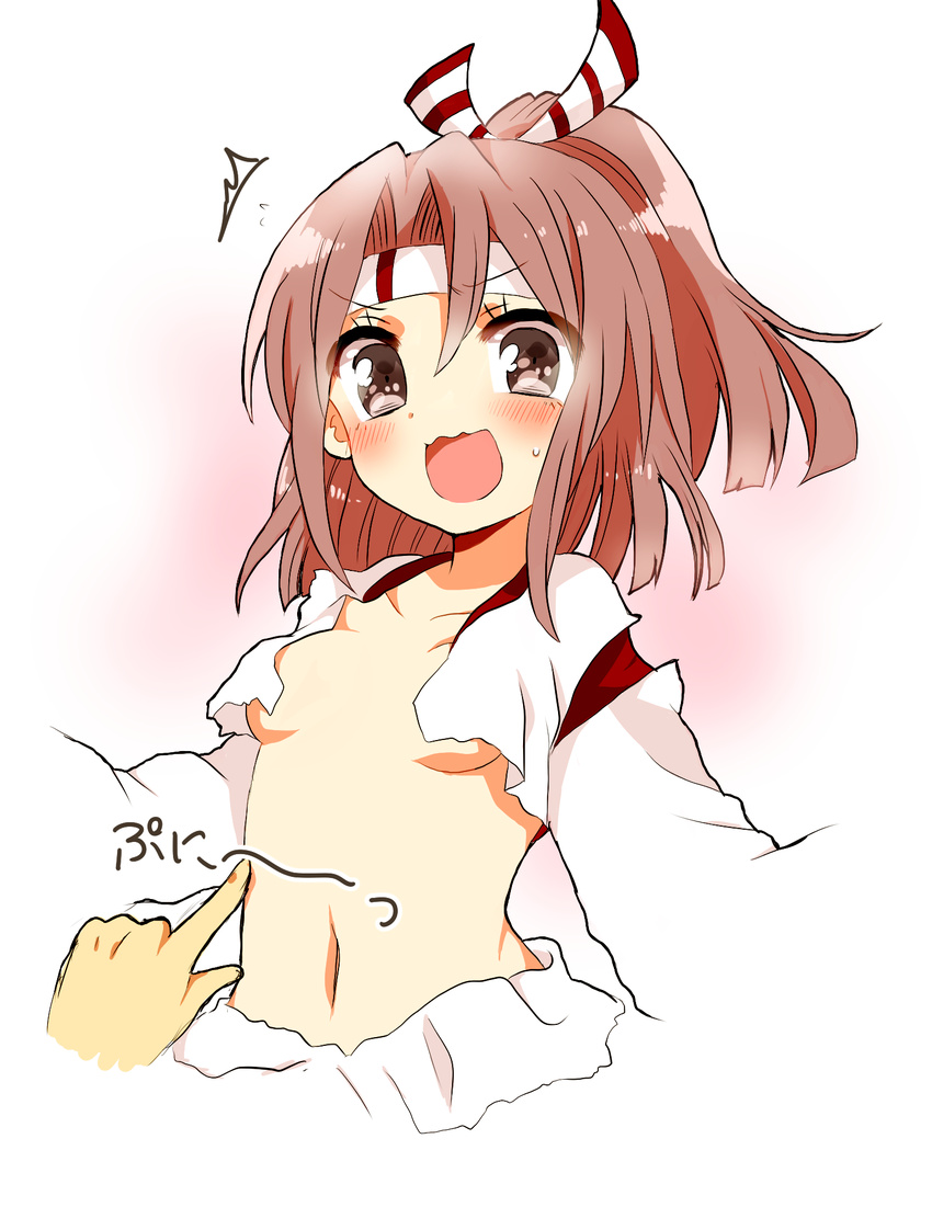 aya_(421ura) breasts brown_eyes crop_top hachimaki hands headband highres kantai_collection light_brown_hair midriff navel open_clothes open_mouth open_shirt shirt small_breasts solo_focus striped touching underboob upper_body wavy_mouth zuihou_(kantai_collection)