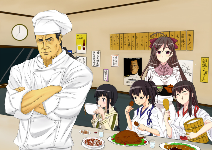 &gt;:) 4girls ^_^ admiral_(kantai_collection) akagi_(kantai_collection) black_eyes black_hair bow bowl braid brown_eyes brown_hair chef_hat chef_uniform chicken_(food) chopsticks closed_eyes commentary crossed_arms crossover dumpling eating food food_on_face hair_bow hair_ornament hair_ribbon hairpin hakama hat holding japanese_clothes jiaozi k2 kaga_(kantai_collection) kantai_collection kappougi kitakami_(kantai_collection) long_hair mamiya_(kantai_collection) multiple_girls muneate ohitsu ribbon rice rice_on_face rice_spoon school_uniform serafuku side_ponytail single_braid smile steven_seagal tasuki tonkatsu toque_blanche translation_request turkey_(food) under_siege v-shaped_eyebrows