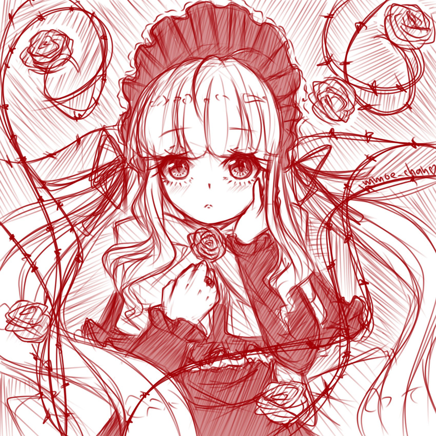 :o bad_id bad_pixiv_id blush bonnet bow closed_mouth curly_hair doll dress flower frills hair_ribbon highres lolita_fashion long_hair long_sleeves looking_at_viewer mmoe_chan monochrome parted_lips red red_dress red_eyes red_flower red_rose ribbon rose rozen_maiden shinku sketch solo thorns twintails upper_body