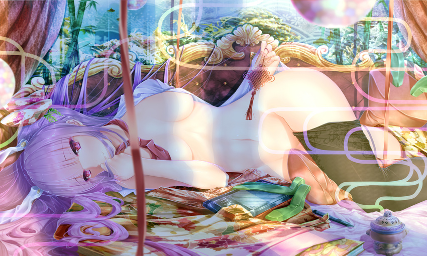 absurdres animal_ears breasts bunny_ears censer fishnet_legwear fishnets highres incense long_hair lying necktie on_side purple_hair red_eyes red_neckwear reisen_udongein_inaba small_breasts solo thighhighs touhou very_long_hair xuanlin_jingshuang