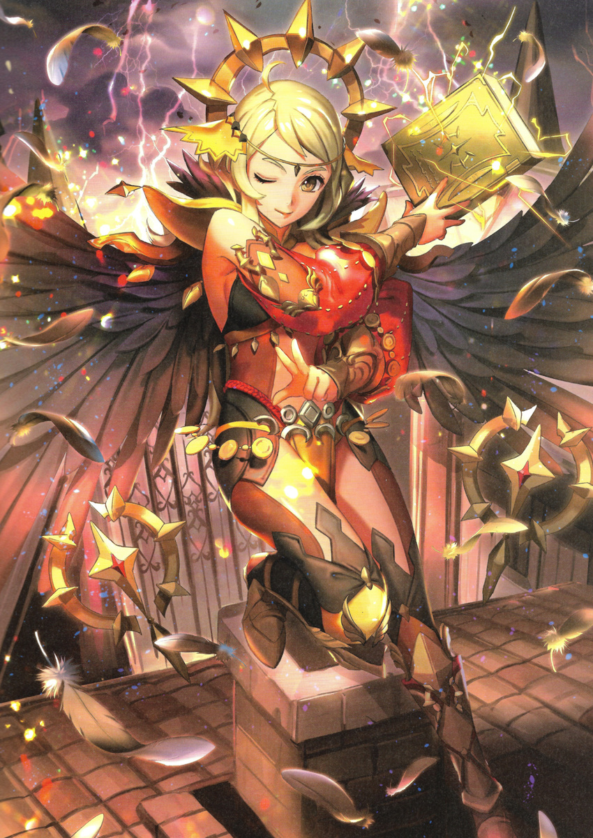 ahoge aozi_seizi blonde_hair bodysuit book boots breasts brown_eyes casting_spell castle circlet detached_sleeves electricity feathers fence fire_emblem fire_emblem_cipher fire_emblem_if highres holding holding_book lightning lips long_hair medium_breasts moon official_art one_eye_closed ophelia_(fire_emblem_if) sideboob solo thighhighs wings