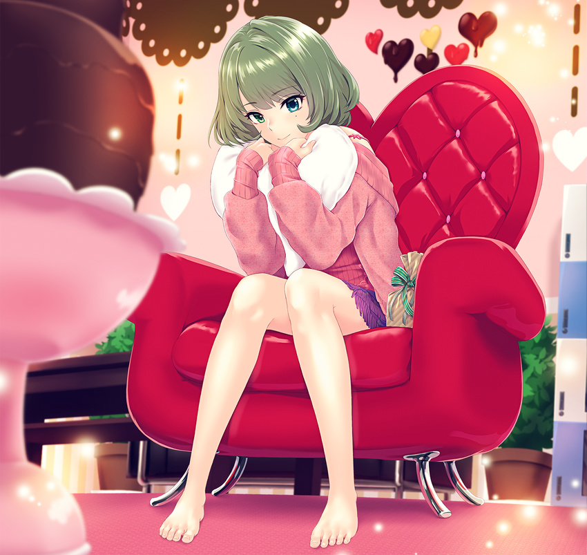 armchair bangs bare_legs barefoot blue_eyes blurry bow box cardigan carpet chair chocolate chocolate_fountain chocolate_heart closed_mouth depth_of_field dripping eyebrows eyebrows_visible_through_hair eyelashes feet fringe_trim gift gift_bag gift_box glowing green_eyes green_hair heart heart_pillow heterochromia highres idolmaster idolmaster_cinderella_girls indoors infinote lace light_particles long_sleeves looking_at_viewer mole mole_under_eye off_shoulder pillow pillow_hug plant potted_plant ribbon short_hair sitting skirt sleeves_past_wrists smile solo strap_slip striped striped_bow striped_ribbon sweater takagaki_kaede tree valentine wooden_table