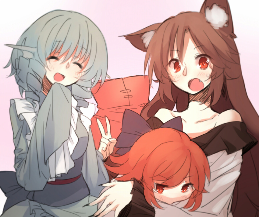 ^_^ animal_ears bare_shoulders blue_hair blush brown_hair closed_eyes grass_root_youkai_network head_fins imaizumi_kagerou japanese_clothes long_hair multiple_girls pink_background red_eyes red_hair sekibanki sh_(562835932) short_hair touhou v wakasagihime wolf_ears