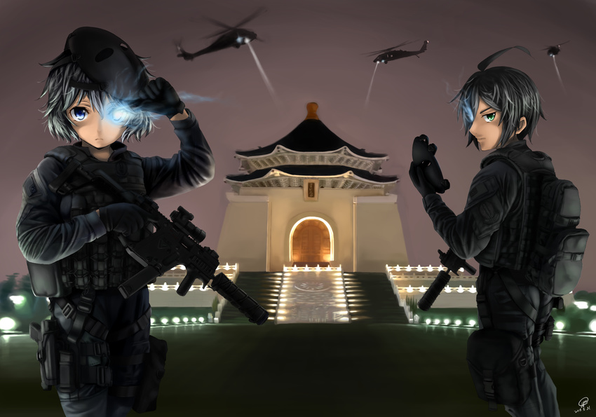 1girl ahoge aimpoint aircraft architecture artist_name blue_eyes body_armor building bulletproof_vest cowboy_shot dated east_asian_architecture flying gloves glowing glowing_eye green_eyes gun handgun helicopter highres holster jpc kriss_vector load_bearing_vest looking_at_viewer mask mask_on_head mask_removed military night night_sky original pistol plate_carrier republic_of_china_flag sky spotlight stairs submachine_gun suppressor taiwan trigger_discipline weapon