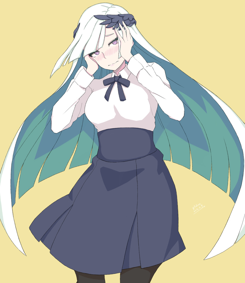 artoria_pendragon_(all) bad_id bad_pixiv_id black_legwear blue_hair blush brynhildr_(fate) cosplay dress_shirt fate/prototype fate/prototype:_fragments_of_blue_and_silver fate/stay_night fate_(series) gitakua high-waist_skirt highres long_hair neck_ribbon pantyhose purple_eyes ribbon saber saber_(cosplay) shirt skirt solo very_long_hair white_shirt yellow_background