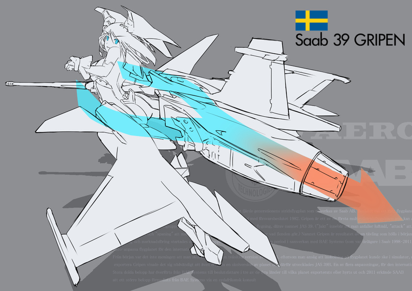 ass ballet_boots canards gun highres jet_engine looking_back mecha_musume monochrome nenchi rifle saab_gripen short_hair skin_tight solo sweden swedish_flag weapon wings