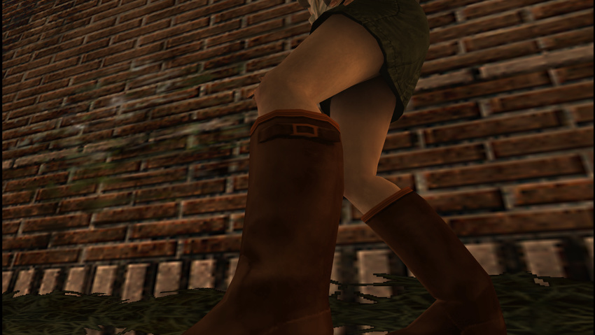 1girl 3d ass boots female hack heather_mason legs miniskirt outdoors silent_hill silent_hill_3 skirt sleeveless solo wall