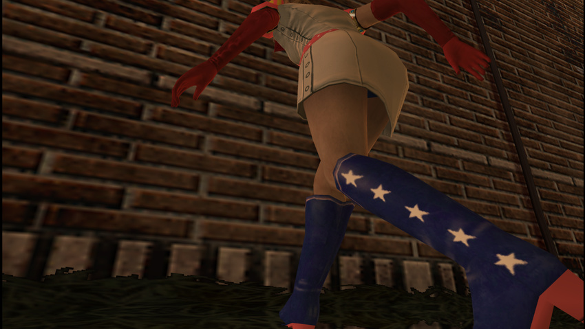 1girl 3d ass blonde_hair boots costume female from_behind gloves hack headphones heather_mason legs outdoors panties princess_heart short_hair silent_hill silent_hill_3 skirt solo stars underwear upskirt vines wall