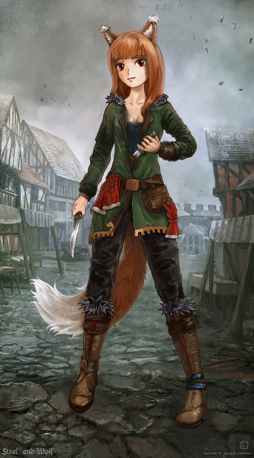 absurdres alternate_costume animal_ears bad_source belt black_pants breasts cityscape cleavage cloud cloudy_sky collarbone dagger fur-trimmed_boots fur-trimmed_jacket fur_trim highres holding holding_knife holo jacket knife limfoman pants red_eyes rogue sky solo spice_and_wolf tail thief weapon wolf_ears wolf_tail