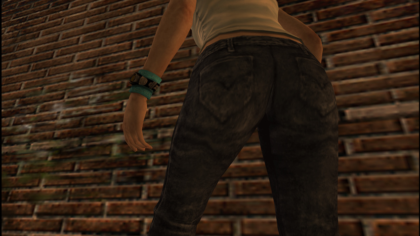 3d ass denim from_behind hack heather_mason jeans legs outdoors pants silent_hill silent_hill_3 sleeveless solo top wall watch wristband