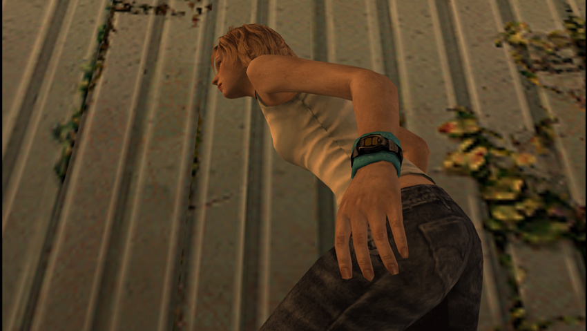 3d ass blonde_hair breasts denim female hack heather_mason jeans outdoors pants short_hair silent_hill silent_hill_3 sleeveless solo top wall watch wristband