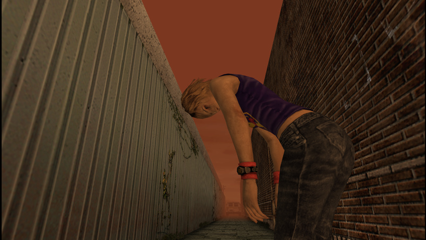 3d ass blonde_hair brown_eyes denim face female hack heather_mason jeans legs looking_down outdoors pants short_hair silent_hill silent_hill_3 sky sleeveless solo top wall watch wristband