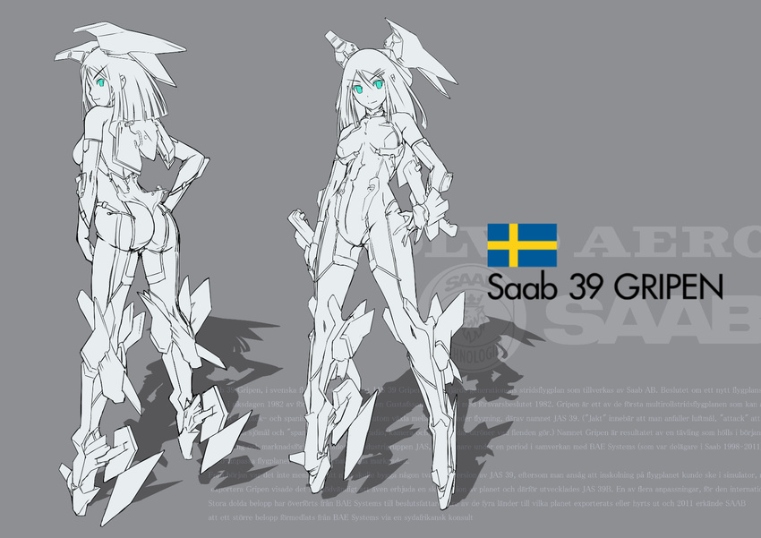 ass ballet_boots hair_ornament hairclip hand_on_thigh head_wings highres looking_at_viewer looking_back mecha_musume multiple_views nenchi saab_gripen short_hair skin_tight sweden swedish_flag