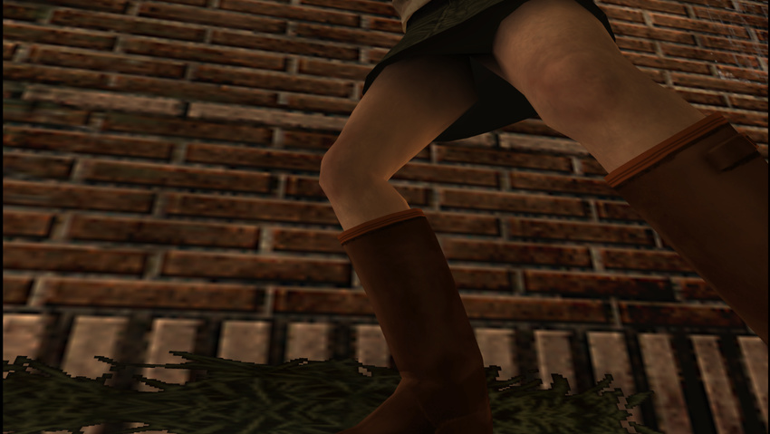 1girl 3d boots female hack heather_mason legs miniskirt outdoors silent_hill silent_hill_3 skirt solo upskirt vest wall