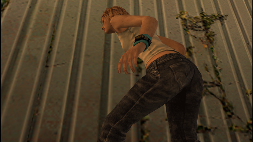 3d ass blonde_hair denim face female hack heather_mason jeans outdoors pants short_hair silent_hill silent_hill_3 sleeveless solo top wall watch wristband