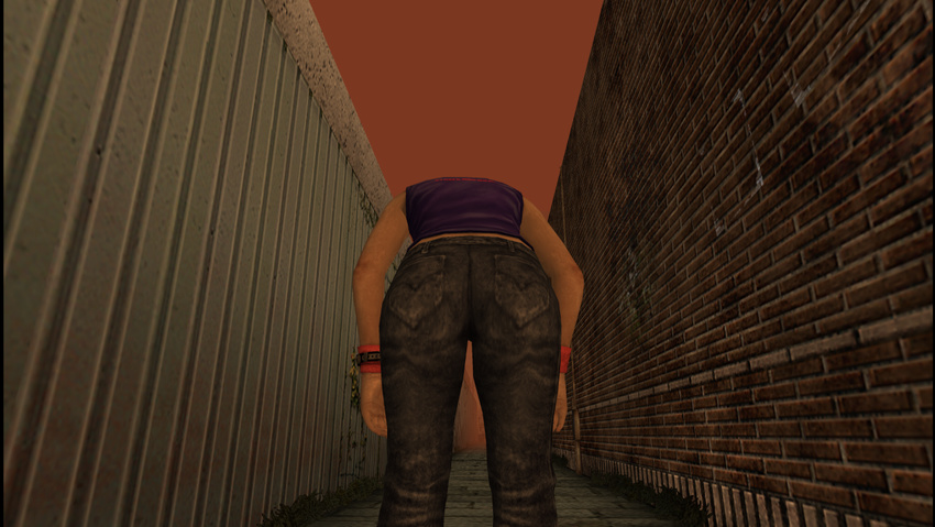 3d ass denim female hack heather_mason jeans outdoors pants silent_hill silent_hill_3 sky sleeveless solo top wall watch wristband