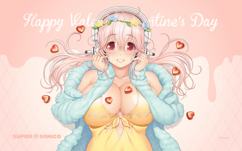 bare_shoulders blush breasts character_name chocolate chocolate_heart cleavage company_name english flower hair_flower hair_ornament happy_valentine head_wreath headphones heart highres large_breasts long_hair looking_at_viewer nitroplus official_art open_mouth pink_hair red_eyes smile solo super_sonico tsuji_santa valentine