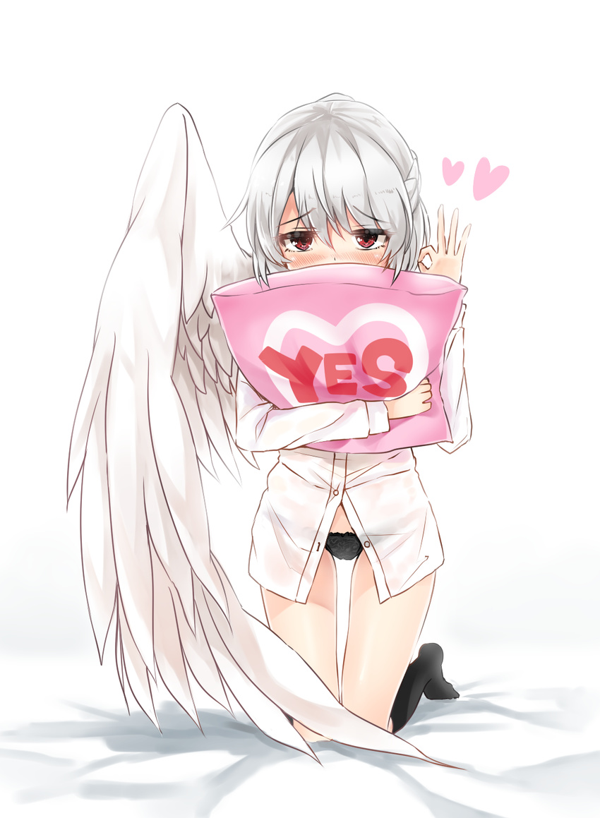 black_legwear black_panties blush commentary_request fuente heart highres kishin_sagume kneeling looking_at_viewer no_pants ok_sign panties pillow pillow_hug red_eyes single_wing solo thigh_gap touhou underwear white_hair wings yes yes-no_pillow