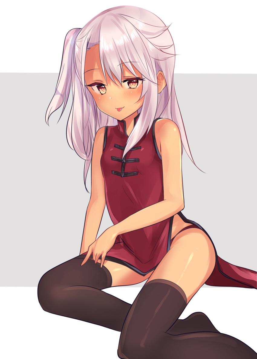 1girl absurdres bangs bare_shoulders black_legwear blush border breasts china_dress chinese_clothes chloe_von_einzbern dark_skin dress fate/kaleid_liner_prisma_illya fate_(series) grey_background hair_between_eyes highres long_hair looking_at_viewer natsu_(sinker8c) one_side_up orange_eyes pelvic_curtain pink_hair red_dress side_ponytail side_slit sidelocks simple_background sitting small_breasts smile solo tan thighhighs thighs tongue tongue_out white_border