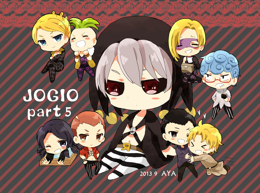 absurdres artist_name aya_(421ura) black_gloves black_hair black_sclera blonde_hair blue_eyes blue_hair box chibi clenched_teeth closed_eyes coat crossed_legs curly_hair dated formaggio gelato ghiaccio glasses gloves green_hair grey_hair heart highres illuso jar jojo_no_kimyou_na_bouken mask melone one_eye_closed open_mouth orange_eyes orange_hair pants pesci prosciutto purple_eyes quin_tails red_eyes risotto_nero sitting smile sorbet striped striped_background striped_pants teeth