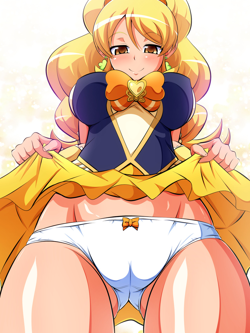 aokura_shou blonde_hair blush bow bow_panties breasts brooch brown_eyes cowboy_shot cure_honey earrings from_below happinesscharge_precure! highres jewelry long_hair looking_at_viewer looking_down magical_girl medium_breasts oomori_yuuko orange_bow panties precure shiny shiny_skin skirt skirt_lift smile solo underwear white_background white_panties yellow_skirt