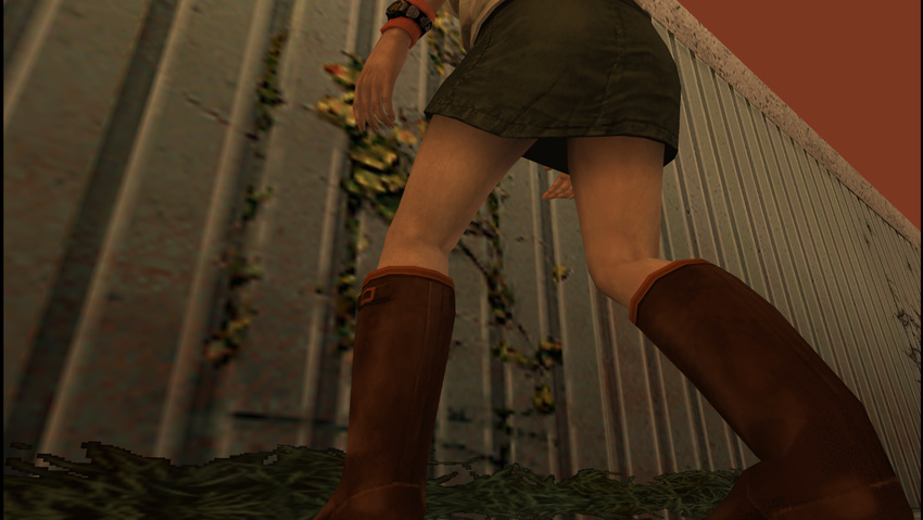 1girl 3d ass boots female hack heather_mason miniskirt outdoors short_hair silent_hill silent_hill_3 skirt sky sleeveless solo vest watch wristband