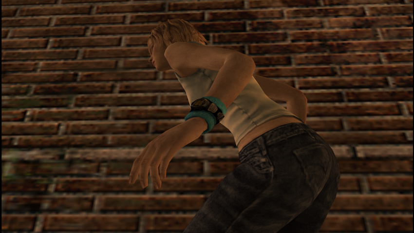 3d ass blonde_hair denim female hack heather_mason jeans outdoors pants short_hair silent_hill silent_hill_3 sleeveless solo top wall watch wristband