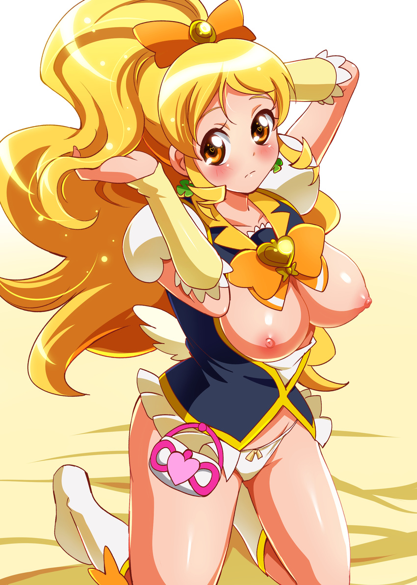 absurdres bad_id bad_pixiv_id bed_sheet blonde_hair blush boots bow breasts breasts_outside brooch cure_honey expressionless full_body hair_bow happinesscharge_precure! highres jewelry knee_boots kneeling large_breasts long_hair looking_at_viewer magical_girl nipples oomori_yuuko orange_bow orange_eyes panties precure sharumon shiny shiny_skin solo underwear white_footwear white_panties wrist_cuffs