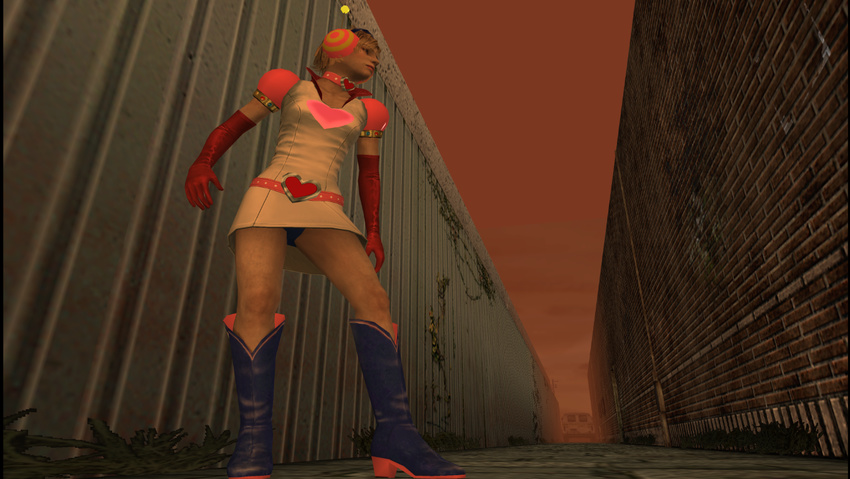 1girl 3d antenna belt blonde_hair boots breasts brown_eyes choker cleavage costume face female gloves hack headphones heart heather_mason legs outdoors panties princess_heart short_hair silent_hill silent_hill_3 skirt sky solo stars underwear upskirt van wall