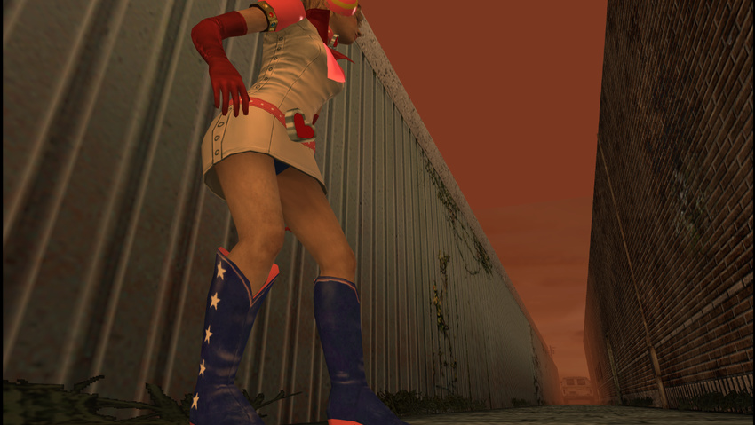 1girl 3d belt blonde_hair boots breasts brown_eyes choker cleavage costume face female gloves hack headphones heart heather_mason legs outdoors panties princess_heart short_hair silent_hill silent_hill_3 skirt sky solo stars underwear upskirt van wall