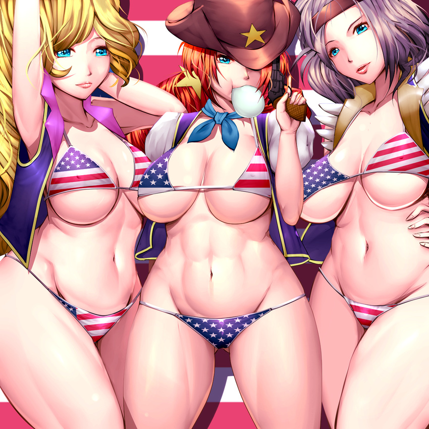 american_flag_bikini aqua_eyes bikini blonde_hair blonde_haired_cure_(bomber_girls_precure)_(happinesscharge_precure!) breasts brown_hair cleavage covered_nipples cowboy_hat curvy flag_print grey_haired_cure_(bomber_girls_precure)_(happinesscharge_precure!) groin gun hand_on_hip handgun happinesscharge_precure! harihisa hat large_breasts multiple_girls navel precure purple_eyes red_haired_cure_(bomber_girls_precure)_(happinesscharge_precure!) revolver swimsuit thick_thighs thighs underboob weapon wide_hips
