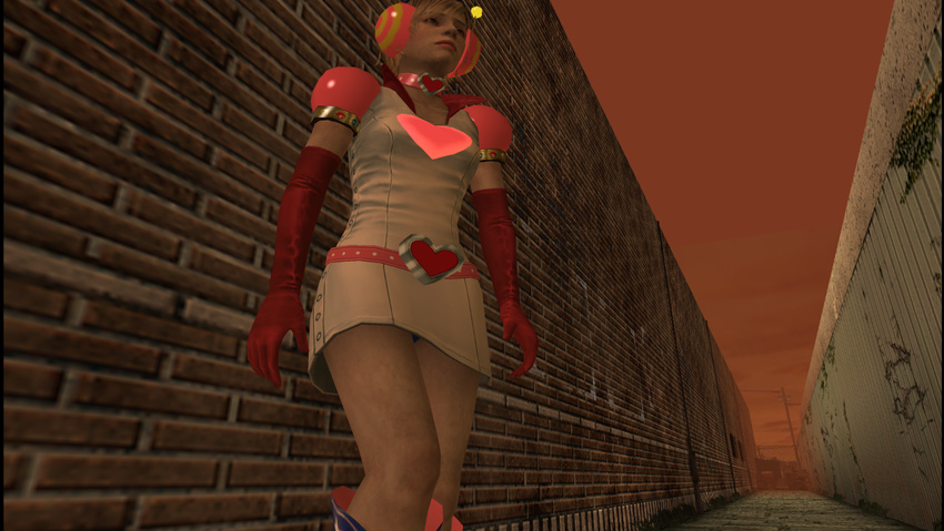 1girl 3d antenna belt blonde_hair boots breasts brown_eyes choker cleavage costume crate crates face female fence gloves hack headphones heart heather_mason legs outdoors panties princess_heart short_hair silent_hill silent_hill_3 skirt sky solo stars underwear upskirt vines wall