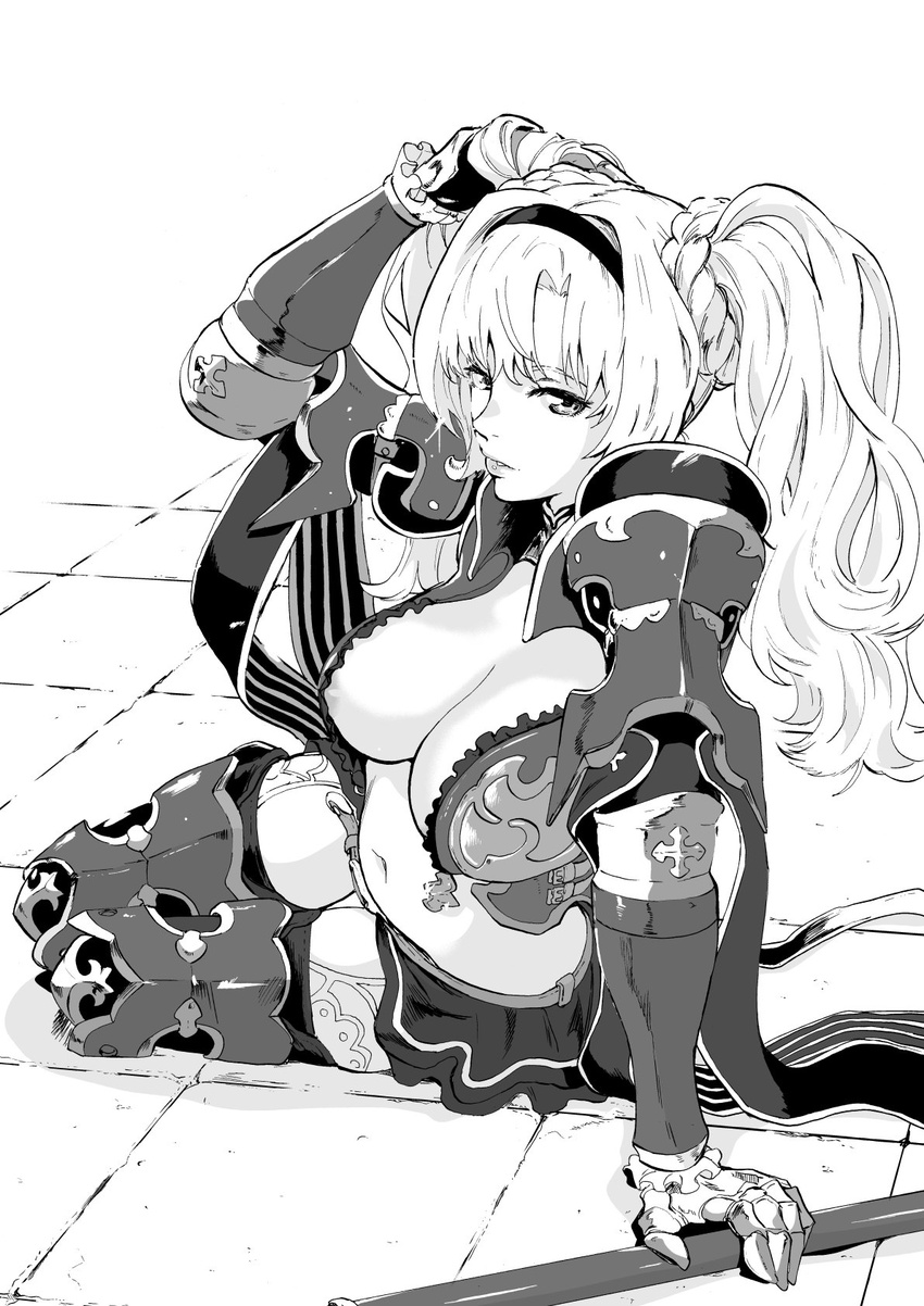 armor bikini_armor breasts granblue_fantasy greyscale highres large_breasts long_hair monochrome navel nekoi_mie sitting solo twintails zeta_(granblue_fantasy)