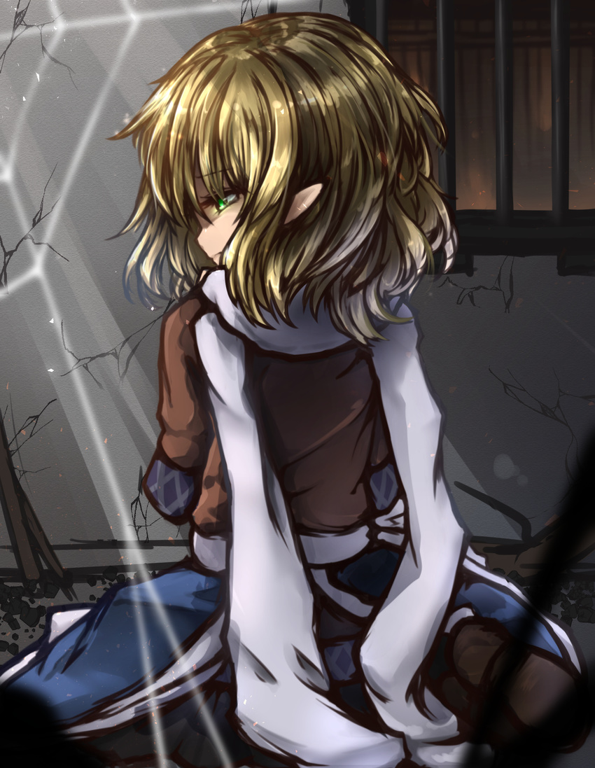 blonde_hair from_behind green_eyes highres japanese_clothes kisa_(k_isa) long_hair looking_back mizuhashi_parsee pointy_ears silk solo spider_web touhou