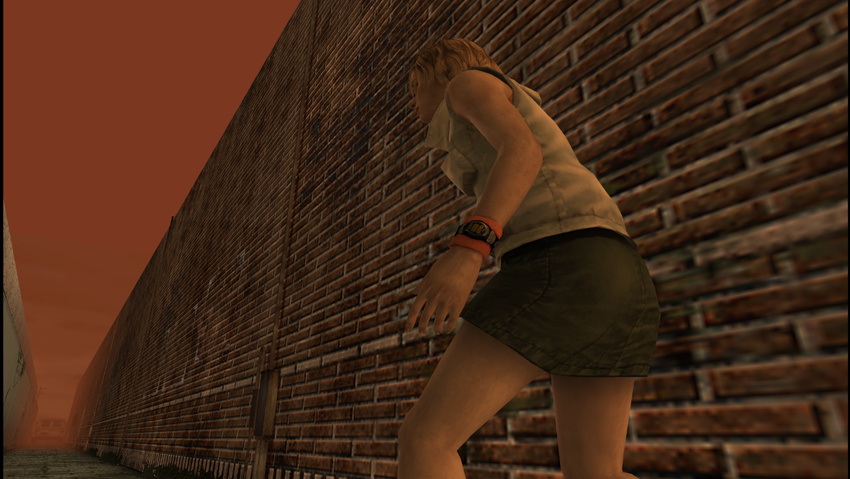 1girl 3d ass blonde_hair brown_eyes female hack heather_mason legs miniskirt outdoors short_hair silent_hill silent_hill_3 skirt sleeveless solo turtleneck vest watch wristband