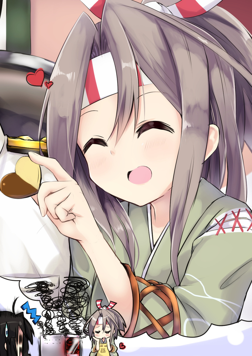 2girls :d ^_^ ^o^ admiral_(kantai_collection) amano_kouki armlet blush chocolate chocolate_heart closed_eyes headband heart highres kantai_collection multiple_girls open_mouth out_of_frame oven poking shouhou_(kantai_collection) sidelocks sleeves_past_elbows smile solo_focus squiggle upper_body zuihou_(kantai_collection)