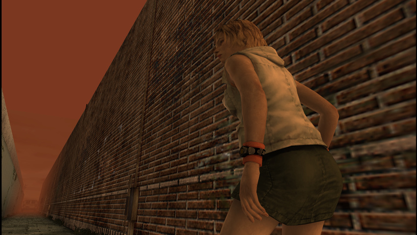 1girl 3d ass blonde_hair brown_eyes face female hack heather_mason legs miniskirt outdoors short_hair silent_hill silent_hill_3 skirt sky sleeveless solo turtleneck vest wall watch wristband