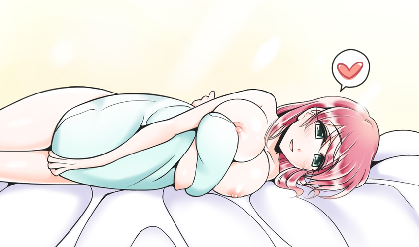 breasts cleavage commentary final_fantasy final_fantasy_v green_eyes heart hug large_breasts lenna_charlotte_tycoon looking_at_viewer lying mabo-udon nipples nude on_bed on_side open_mouth pillow pillow_hug pink_hair smile solo spoken_heart