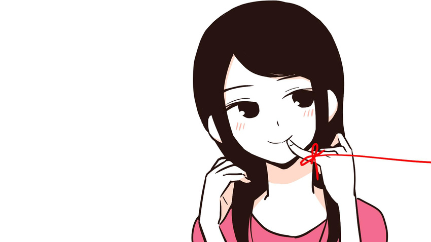 black_hair blush commentary_request finger_to_mouth highres long_hair looking_to_the_side original pink_shirt pinky_to_mouth poaro red_string shirt simple_background smile solo string string_on_pinky white_background