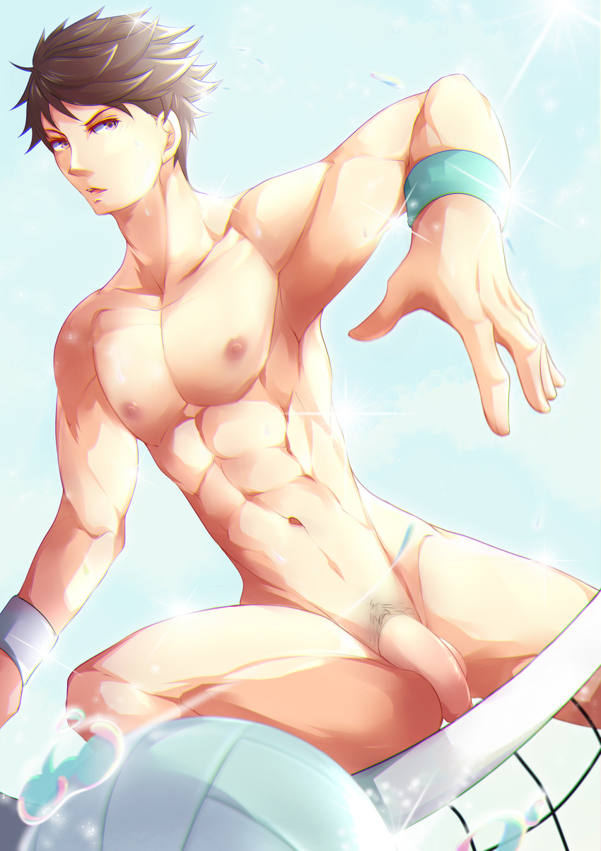 1boy abs brown_eyes brown_hair fudianshi haikyuu!! highres male_focus net oikawa_tooru_(haikyuu!!) penis purple_eyes sky solo sun sweat volleyball volleyball_net wristband