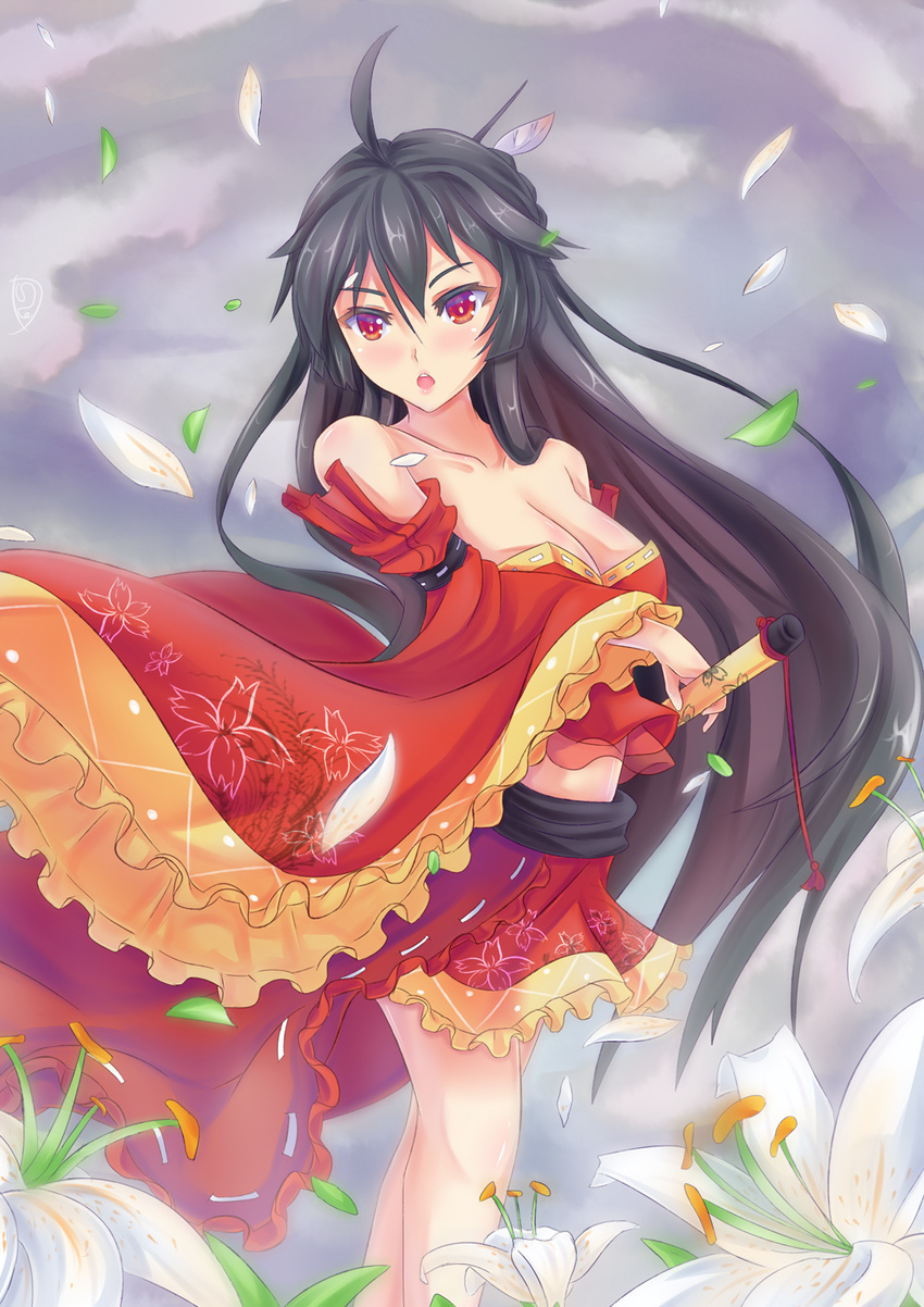 breasts cleavage dunceneygak flower hand_on_sword japanese_clothes kimono long_hair open_mouth red_dress red_eyes sword