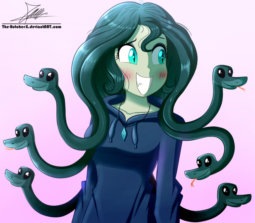 blue_eyes blush clothing equestria_girls fan_character female forked_tongue gorgon hoodie humanoid jewelry my_little_pony necklace reptile scalie slit_pupils snake solo the-butcher-x tongue tongue_out