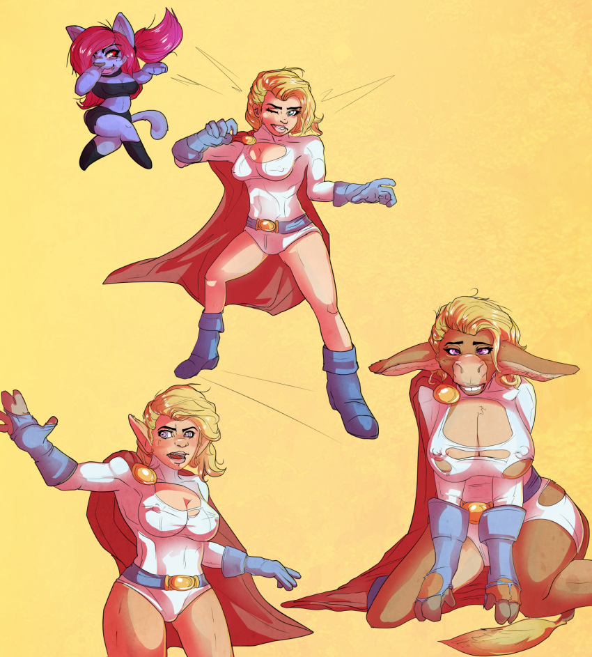 2017 anthro blonde_hair blush breast_expansion breasts cape clothed clothing cursula_(rusheloc) donkey duo equine felid feline female floating grin hair human human_to_anthro imp mammal nipples pink_eyes powergirl red_hair reddishmaroon sequence smile solo_focus standing super_hero torn_clothing transformation