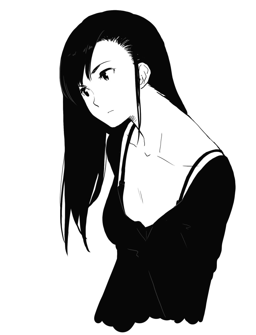 black_shirt bra bra_strap eyelashes greyscale head_tilt highres long_hair looking_to_the_side monochrome original poaro shirt sidelocks simple_background sketch solo underwear upper_body white_background